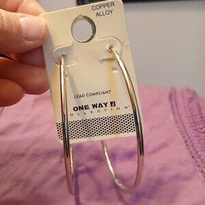 New ONE WAY COLLECTION Silver tone Hoop Earrings 3" Copper Alloy Lead compliant